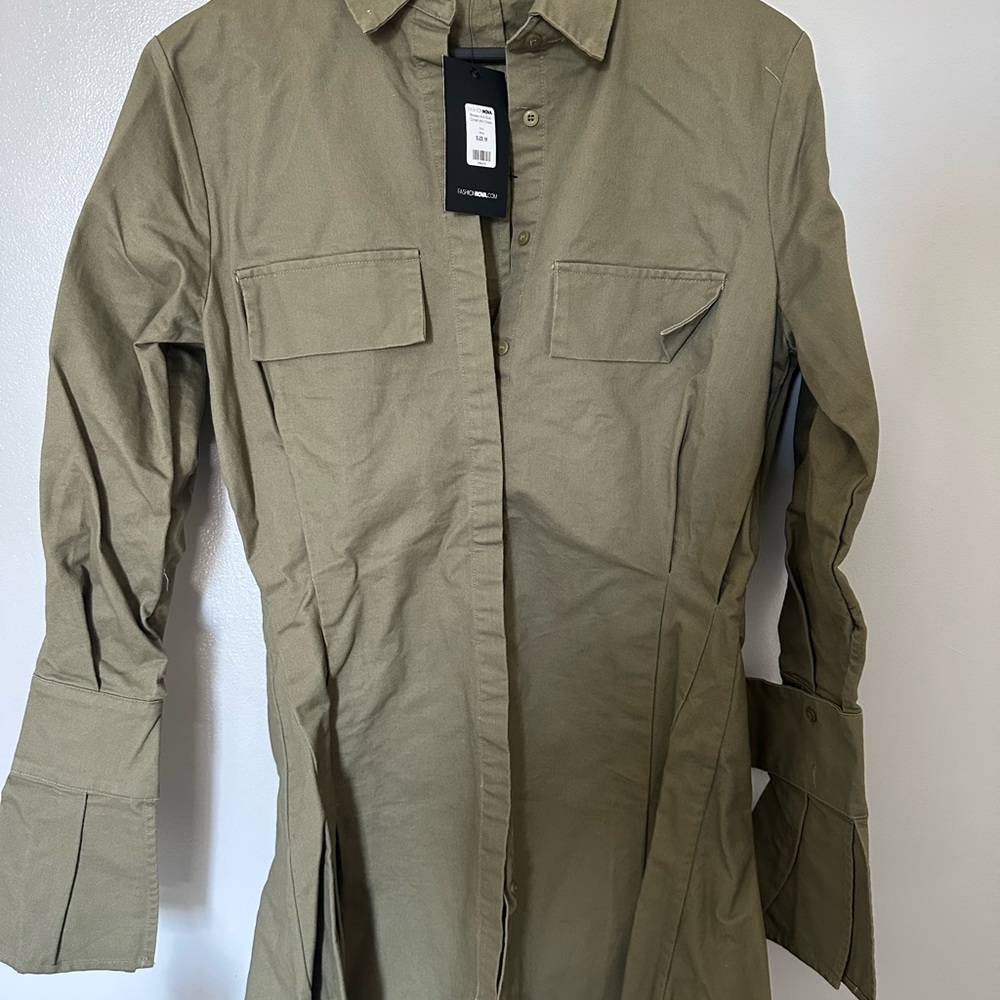 Olive Green Long Sleeve Shirt Dress